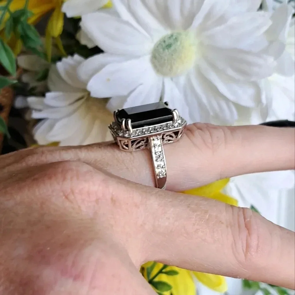 Black Tourmaline and Natural White Zircon Ring in 925 Sterling Silver